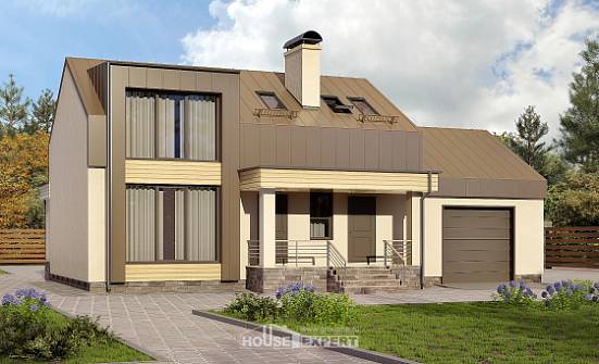 150-015-Л Проект двухэтажного дома с мансардным этажом, гараж, простой загородный дом из твинблока Малгобек | Проекты домов от House Expert